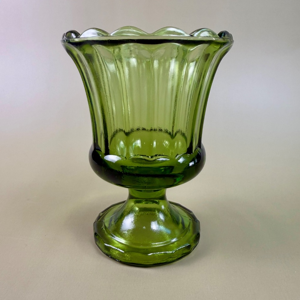 Vintage Avocado Green Pedestal Vase | Fluted Pressed Glass | Lenox Style